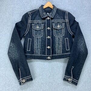 Rose Royce Denim Jacket Womens L Dark Blue Leopard Cross Studded Y2K JR151-DLEO